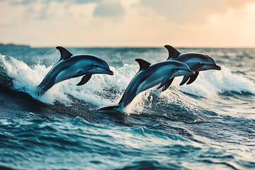 Fototapeta premium Three dolphins jumping out of the ocean waves. 