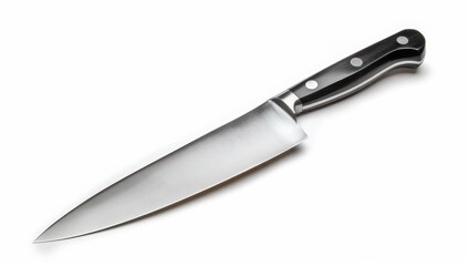 Sleek stainless steel chef's knife on a white background.