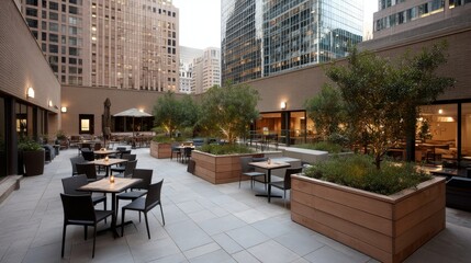 Fototapeta premium Rooftop terrace adorned with vibrant vines and potted herbs stands against a city skyline at dusk, offering a serene spot for relaxation and leisure