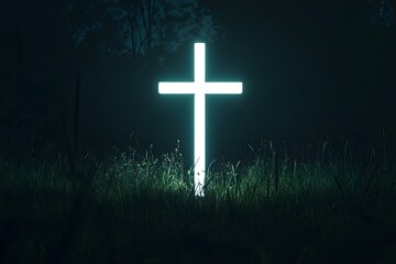 A white glowing cross on black background