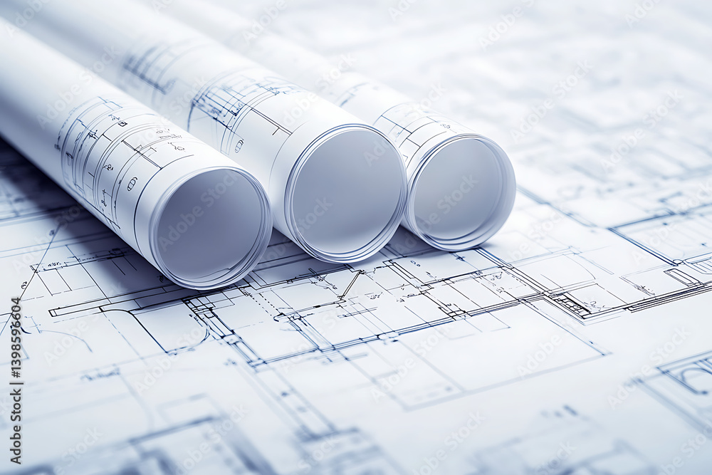 Poster three blueprints with white paper rolls on top, representing architectural and design concepts.