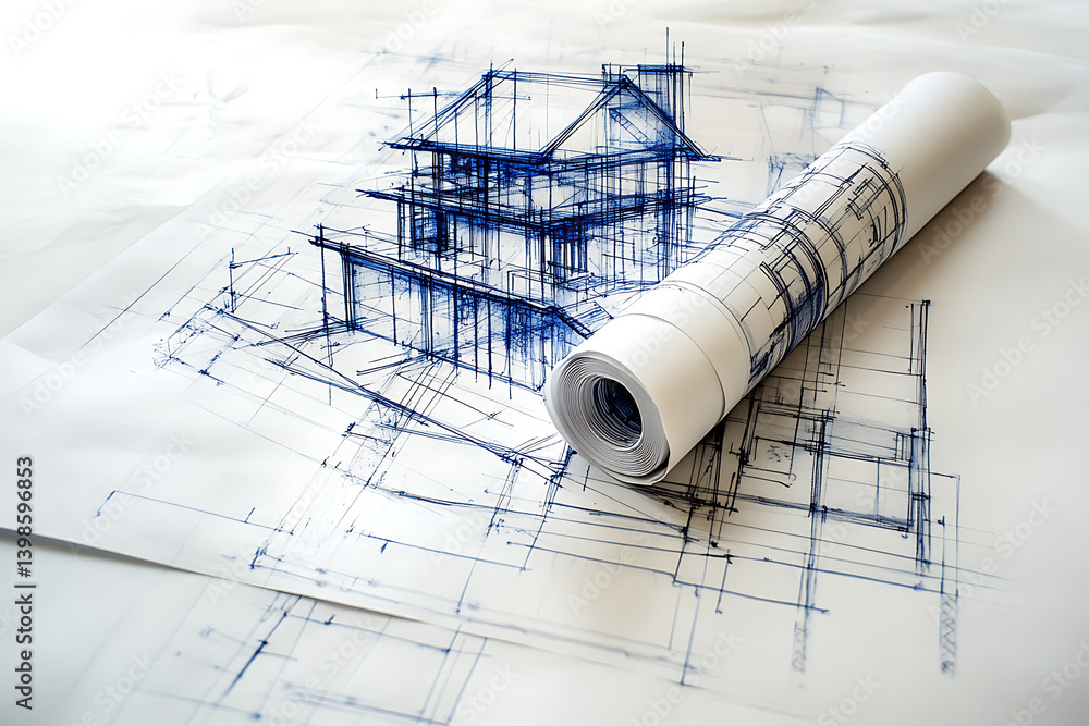 Aufkleber three architectural blueprints are stacked on top of each other. one blueprint is rolled up, while t