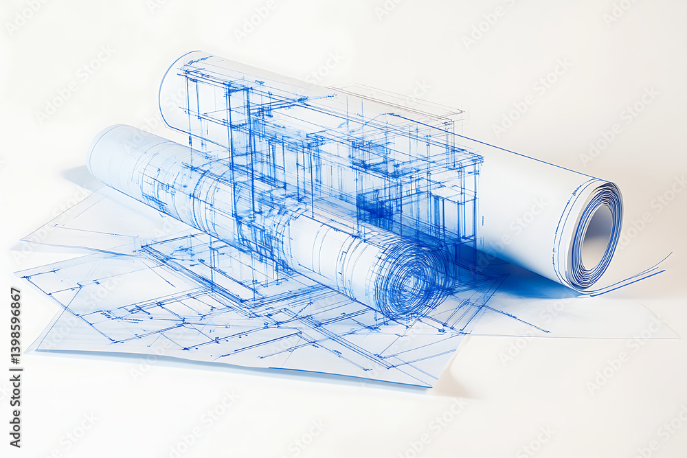 Aufkleber three architectural blueprints are stacked on top of each other. one blueprint is rolled up, while t