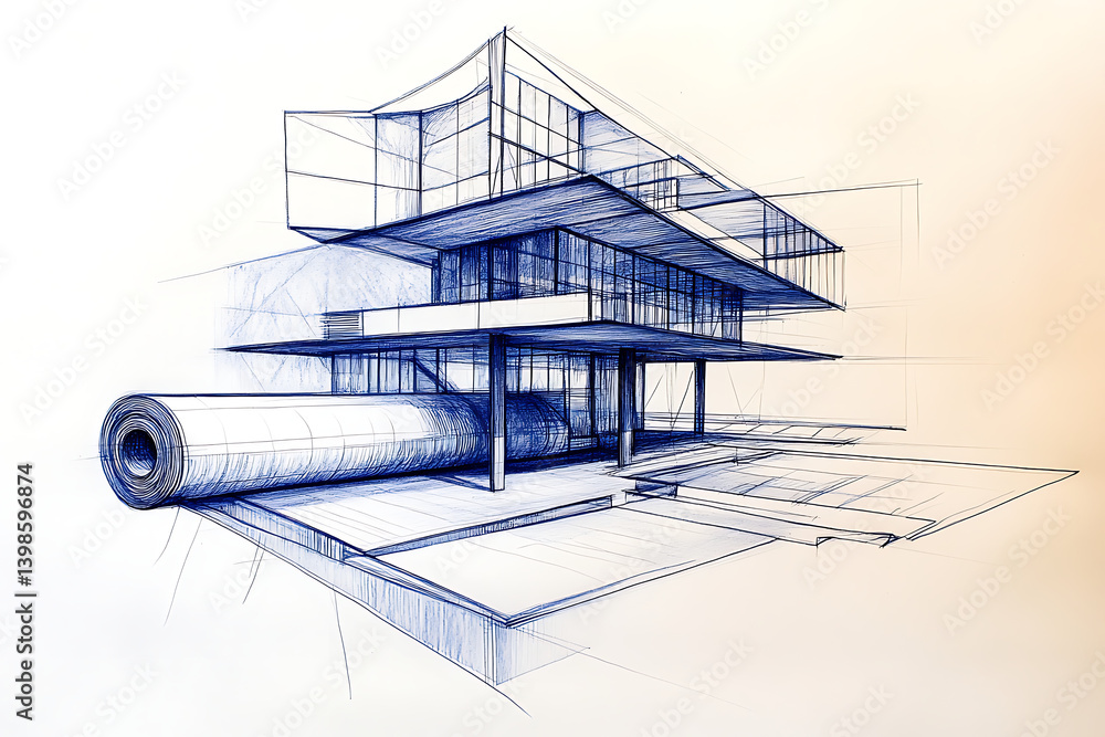 Aufkleber three architectural blueprints are stacked on top of each other. one blueprint is rolled up, while t