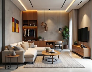 Modern living room design. White sofa, wooden furniture. TV, table and other facilities in the apartment interior. Home decor, luxury real estate. Comfortable living room, modern design. Nobody.