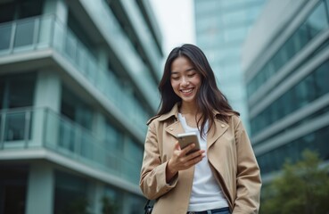 Young asian woman smiles using smartphone outside modern office building. Happy female texting messages on mobile phone. Attractive girl uses app, mobile device, technology, communicates online.