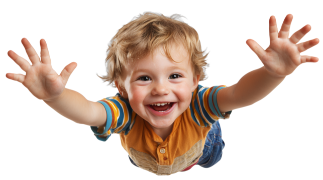 a portrait of a young boy or little girl smiling with hands up in the air photo on a transparent background, PNG image, PNG file, Generative art.