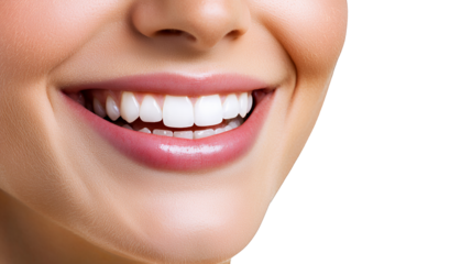 close up of a young woman smiling with perfect white teeth on a transparent background, PNG image, PNG file, Generative art.