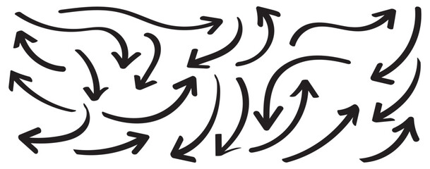 hand-drawn arrow marker. Hand-drawn brush stroke arrows on transparent background. Black charcoal ovals and arrows strokes different forms. Hand drawn vector arrows doodle set on white background.