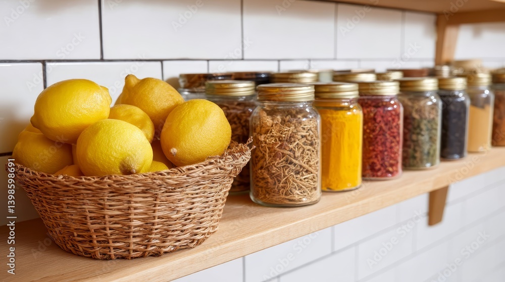 Poster glass jars filled with vibrant dried fruits and spices are arranged on floating shelves, complemente