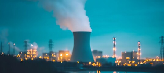 Panoramic Shot of a Nuclear Power Plant Showing Cooling Towers, Buildings, and Surrounding Landscape Under a Blue Sky with Light White Clouds