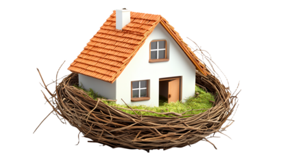 a small house sitting in a bird nest made of twigs and grass on a transparent background, PNG image, PNG file, Generative art.