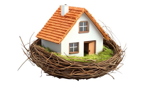 a small house sitting in a bird nest made of twigs and grass on a transparent background, PNG image, PNG file, Generative art.