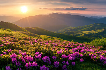 Obraz premium The sun rises behind the mountains, illuminating them with golden rays of light.