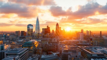 Cityscape view at sunset with modern high rise office buildings and warm light