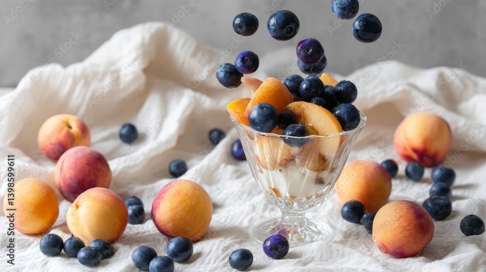 Poster Sliced peaches and blueberries cascade through the air toward a parfait glass, creating a colorful display against a soft linen background in a bright setting