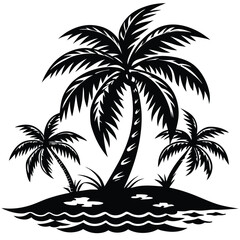 Two Palm Trees on Small Island Silhouette, Tropical Black Design, Island, Vacation, Sun