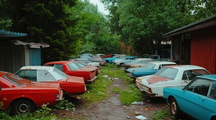 Classic automobiles collection parked outdoors with rusted textures abandoned and overgrown