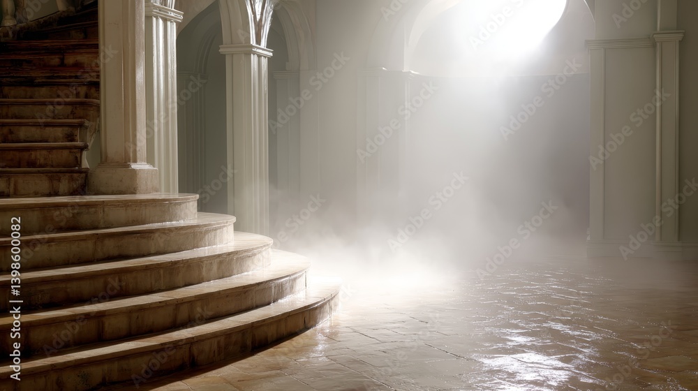 Aufkleber a winding stone staircase ascends into a soft mist, illuminated by a warm glow that creates a tranqu