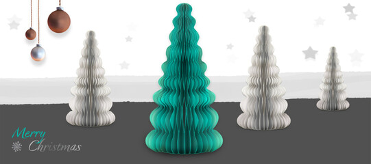 New design with honeycomb Christmas trees in off-white and petrol color. Slate gray background. English text: Merry Christmas. 
