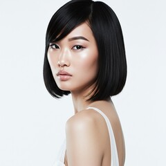 Fototapeta premium An Elegant Portrait of an Asian Woman with Short Black Hair and Flawless Skin