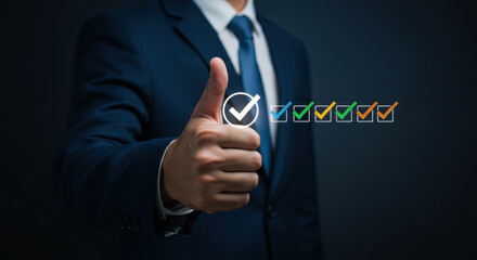  Thumbs Up Success: Approval, Checklist Complete - Quality, Satisfaction, and Performance Guaranteed! Business Achievement.