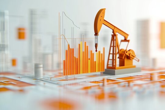 3d illustration of oil pump with bar graph reflecting oil market trends on a white background