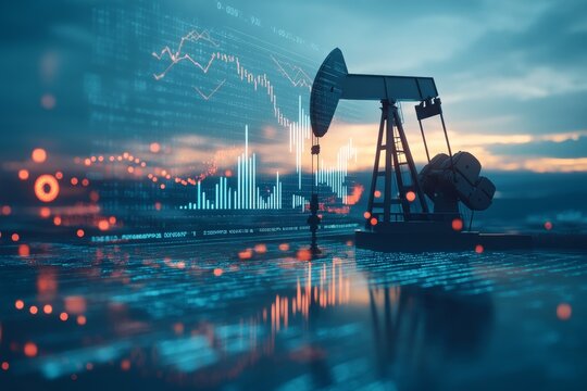 Illustrative oil price chart featuring an oil pump and bar graph against a sky background