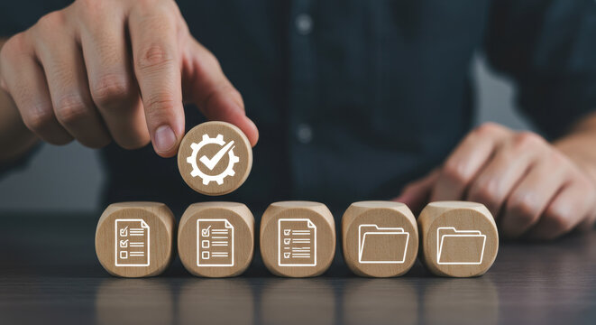  Document Control: Implementing Compliance, Process Management & File Organization with Wooden Blocks. Workflow Automation & Digital Transformation.