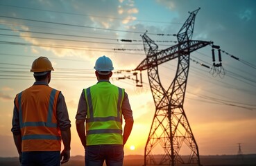 Two electrical engineers at power station, looking high voltage terminal at sunset. Technicians in safety helmet vests inspect power transmission grid. Energy industry, electricity tech