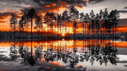 Obraz premium Grayscale forest with a lake reflecting a fiery golden sunset in selective color the sky ablaze with rich hues