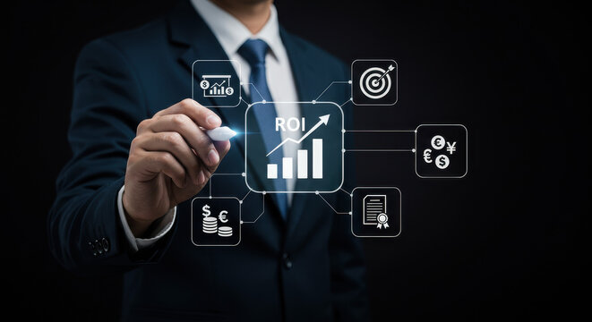  ROI Strategy: Business Growth, Financial Success, Investment, and Target Achievement. Visualized for Profit Maximization.