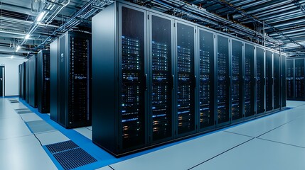 Rows of dark server racks in a modern data center.