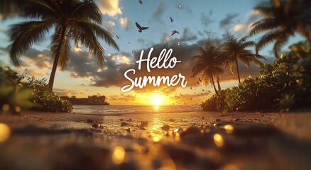 A lively and exotic sunset at the beach, complete with palm trees and birds, adorned with a "Hello Summer" text overlay