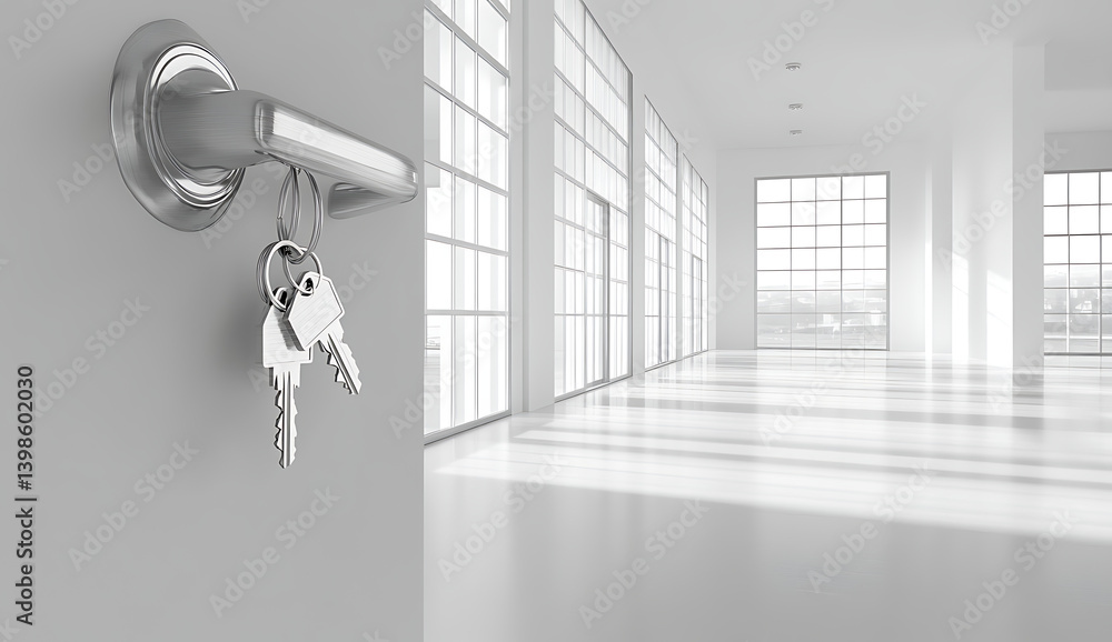 Poster the silver door lock is open with keys hanging on the handle, inside an empty white room with large 
