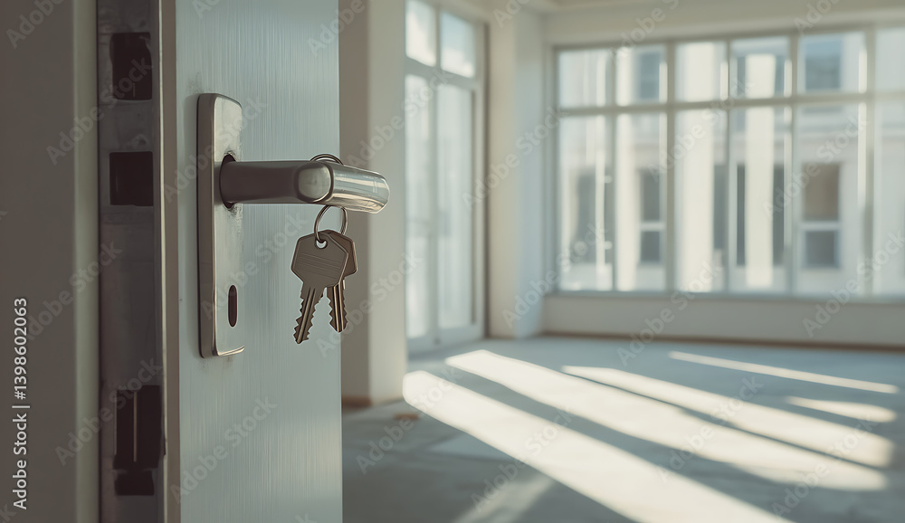 Poster the silver door lock is open with keys hanging on the handle, inside an empty white room with large 