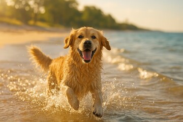 Golden Retriever Happily Splashing in Shallow Water at Sunset by the Beach