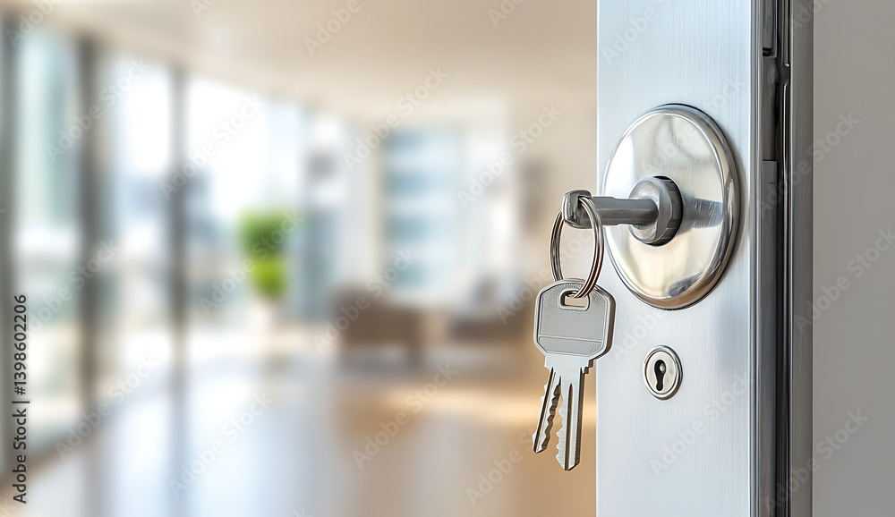 Poster the silver door lock is open with keys hanging on the handle of an apartment in white, creating a bl