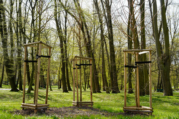 Three wooden tree guards protect saplings in spring park landscape. Represents concept of urban forestry or environmental care for city greening projects
