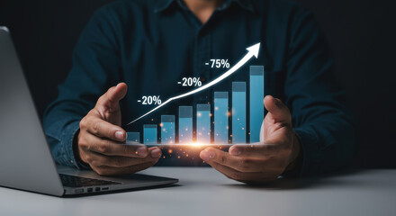  Growth Mindset: Man Holding Rising Chart, Business Success, Financial Growth, Increase, Investment, Laptop, Presentation, Data, Report, Statistics