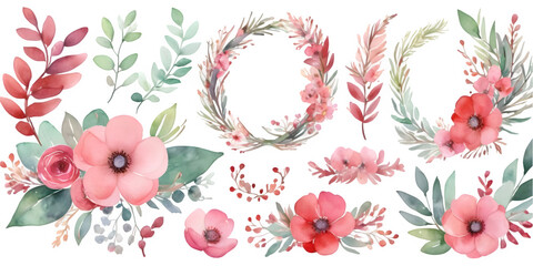 watercolo Poinsettias and Pine Branches wreath on white background, Set of rosemary and cranberries wreath and cliparts, Christmas flowers watercolor cliparts, Christmas wreath PNG image