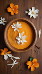 Fototapeta premium A wooden bowl with an orange liquid surrounded by white and orange flowers on a wooden surface.