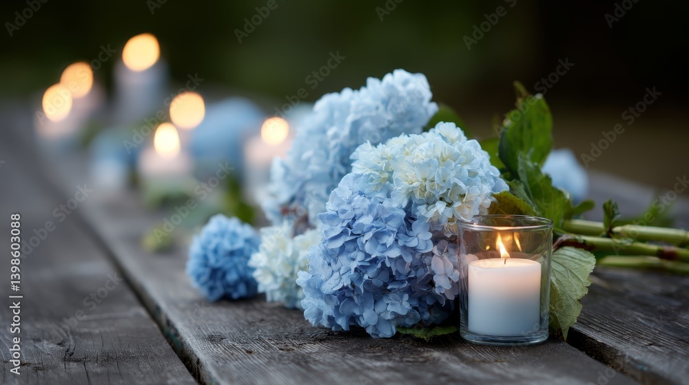 Fototapete pale blue hydrangeas rest beside glowing tealight candles on a rustic wooden surface, evoking calm a