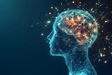 Obraz premium Human silhouette hologram with brain and chip AI ethics and business policy.
