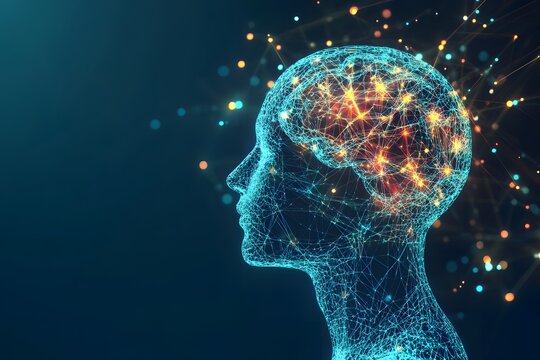 Human silhouette hologram with brain and chip AI ethics and business policy.
