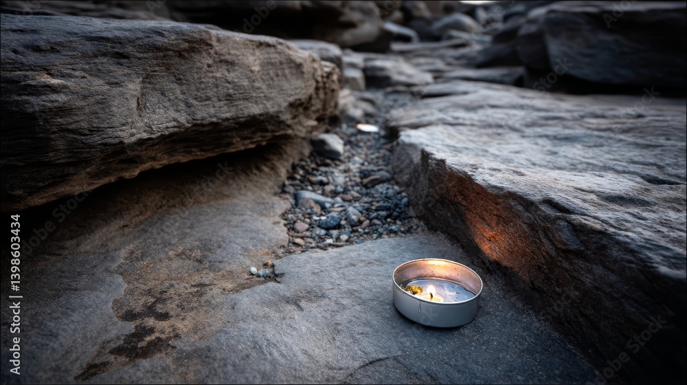 Poster a single lit candle rests in a rocky crevice, casting warm light on the surrounding rough stone whil
