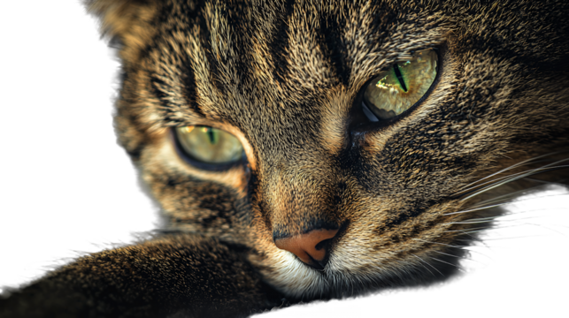a close up portrait of a cat with green eyes on a transparent background, PNG image, PNG file, Generative art.