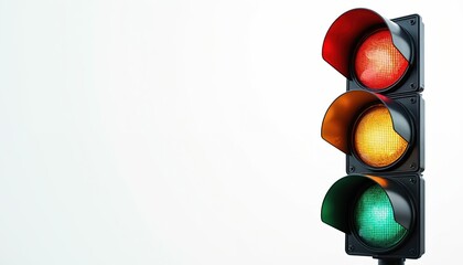 Traffic light with red yellow green signals. Control traffic flow, signaling stop caution go. Road safety concept. Urban transportation. Traffic lights regulation driving.