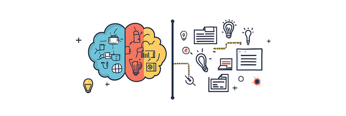 The left half of the brain is depicted with colorful doodles representing ideas and innovation, while on the right side, business plan icons create an atmosphere for creative thinking in marketing.