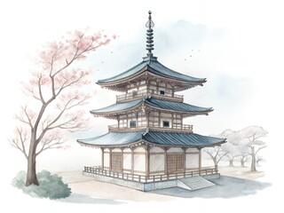 Serene Japanese Pagoda Watercolor Painting Spring Blossom Trees Asian Architecture
